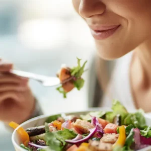 Eine Frau genießt einen bunten Salat und steht damit für gesunde Ernährung und einen wellnessorientierten Lebensstil. Das Bild vermittelt Frische und eine nährstoffreiche Mahlzeit.